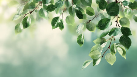 A close-up of fresh green leaves on branches creates a calming atmosphere, highlighting nature's beauty with a soft, blurred background ideal for various projects.の素材