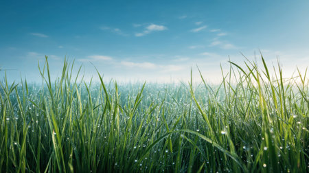 A serene view of a vibrant green grass field adorned with dew drops, basking in the soft morning light under a clear blue sky with gentle clouds.の素材