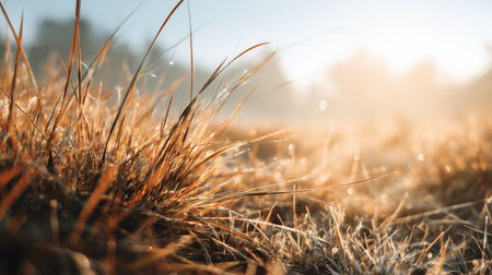 This image captures the beauty of dewdrops on grass blades illuminated by soft morning light, creating a serene and tranquil atmosphere in nature.の素材