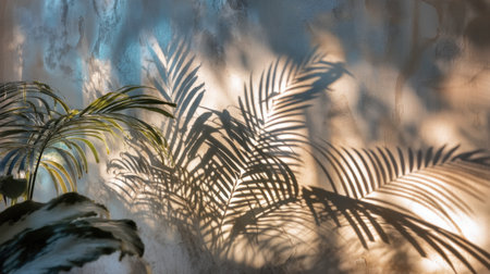 Soft natural light creates intricate shadows of palm leaves on a textured wall, adding a serene atmosphere to indoor spaces and enhancing natural beauty.の素材
