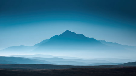A breathtaking mountain landscape evoking tranquility, featuring soft blue tones and layers of foggy hills under a serene evening light. Perfect for nature lovers.の素材