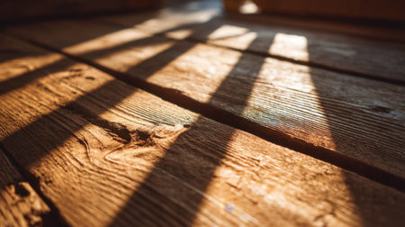 A stunning view of a rustic wooden floor under gentle sunlight, showcasing beautiful shadows and rich grain textures that create a warm and inviting atmosphere.の素材