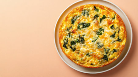 A clean image of a fluffy omelet filled with spinach and cheese, placed on a neutral background with ample space.の素材