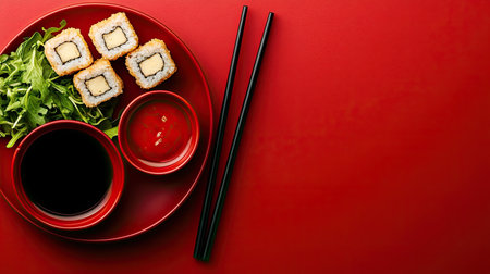 A clean image of a platter of crispy taro rolls, arranged on a red plate with ample copy space.の素材