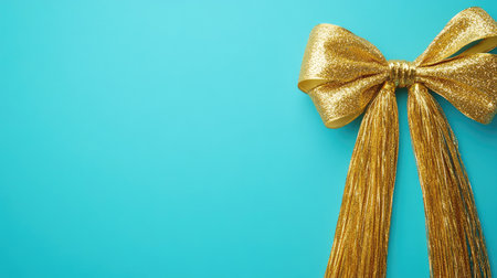 A decorative image of a festive knot with gold tassels, placed on a plain surface with ample copy space.の素材