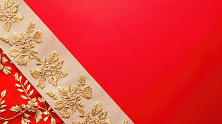 A clean flat lay of a festive red table runner with gold embroidery, set on a light surface with room for text.の素材