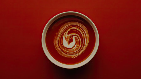 A bowl of creamy tomato soup with a swirl of cream, surrounded by copy space.の素材