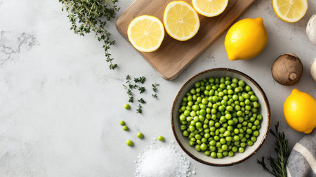 A bowl of fresh green peas sprinkled with sea salt, set on a clean white surface with ample space.の素材