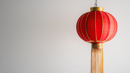 A clean shot of a red lantern with golden tassels, set against a plain white background with room for text.の素材