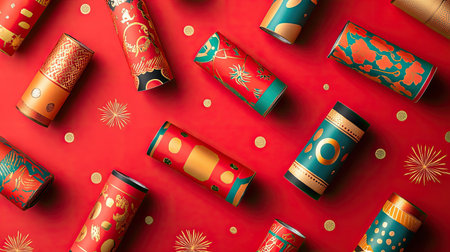 A bright red backdrop with traditional Chinese firecrackers and golden designs for a festive Chinese New Year atmosphere.の素材