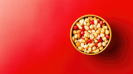 A clean flat lay of a golden bowl filled with candy and nuts, symbolizing sweetness and abundance, on a plain red surface.の素材