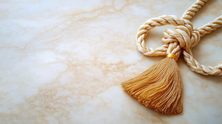 A decorative image of a festive knot with gold tassels, placed on a plain surface with ample copy space.の素材