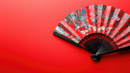 A decorative fan with intricate Chinese designs, set against a bright red background with ample copy space.の素材