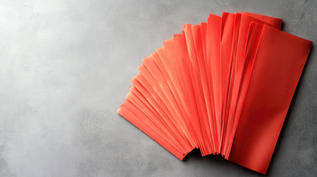 A clean image of traditional Chinese New Year red envelopes arranged neatly on a light surface with ample copy space.の素材