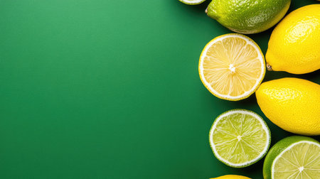 A clean image of a fresh lemon and lime placed diagonally with copy space above.の素材