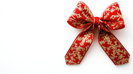 A clean shot of a red ribbon bow with intricate gold patterns, placed on a plain white background.の素材