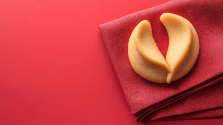 A decorative image of a fortune cookie on a red napkin, placed on a plain surface with generous space.の素材