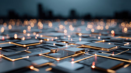 Discover a stunning abstract background showcasing illuminated circuits and glowing patterns on a dark surface, perfect for digital and technology themes.の素材