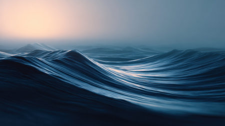 Experience the tranquility of serene ocean waves captured at dusk, showcasing a mystical atmosphere with soft light and smooth water rhythms that evoke peace.の素材
