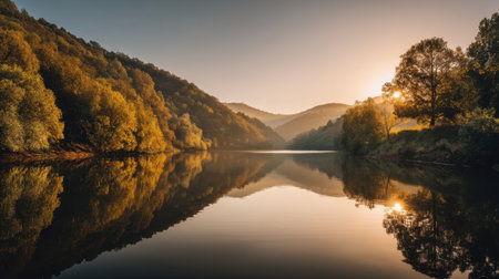 A stunning scene of a calm river reflecting a colorful sunset, surrounded by vibrant forests and mountains. The soft light creates a tranquil atmosphere perfect for relaxation.の素材