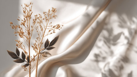 This image showcases delicate dried flowers placed on soft satin fabric, highlighting gentle shadows and calming neutral tones, perfect for elegant decor or creative backgrounds.の素材