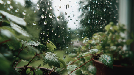 A close-up of shimmering water droplets on a glass surface, showcasing the beauty of nature with green plants blurred in the background during a rainy day.の素材