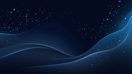 This elegant dark blue abstract background features flowing waves and sparkling stars, creating a serene atmosphere perfect for various design projects.の素材
