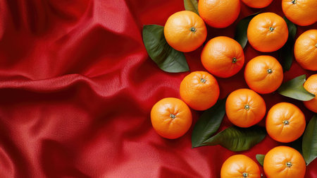 A clean flat lay of mandarin oranges and gold ingots on a red fabric surface, symbolizing wealth and prosperity, with room for design.の素材