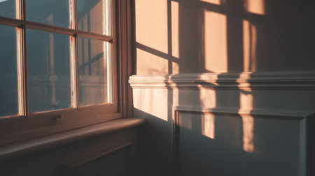 A serene moment captured in a softly lit interior, highlighting the gentle play of shadows on the wall and the warm glow from the early evening sun.の素材