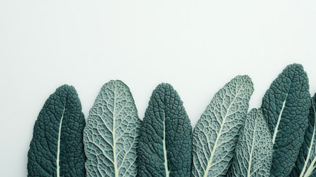 A clean image of fresh kale leaves arranged in a neat pile on a white background with ample space.の素材