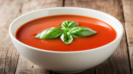 A bowl of creamy tomato soup garnished with fresh basil leaves, placed on a rustic wooden table with generous space.の素材