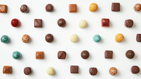 A colorful assortment of candy-coated chocolates spread on a white background with negative space.の素材