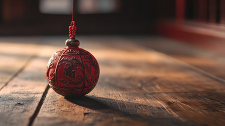 A clean image of a traditional Chinese fortune charm, placed on a wooden surface with ample space.の素材