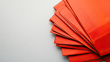 A clean image of traditional Chinese New Year red envelopes arranged neatly on a light surface with ample copy space.の素材