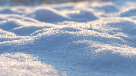 A close-up view of fluffy snow covering the ground, illuminated softly by sunlight, creating a serene and tranquil winter landscape perfect for seasonal themes.の素材
