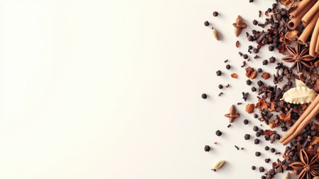 A clean background with an assortment of whole spices like cinnamon, cardamom, and cloves, ready to promote well-being.の素材