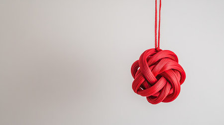 A clean shot of a decorative red knot hanging against a plain background with ample copy space.の素材