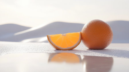 A close-up of a ripe orange with a slice beside it on a clean, white surface.の素材