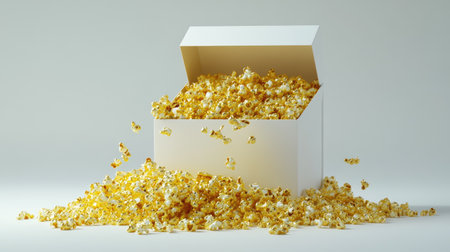 A box of buttery popcorn spilling onto a light gray background with ample room for text.の素材