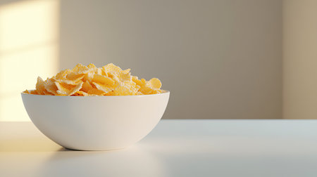 A clean shot of a bowl of sugary cereal with milk, placed on a white table with ample empty space.の素材