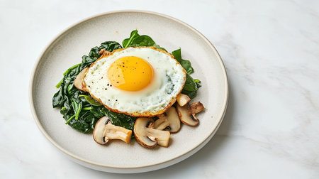 A clean composition of a fried egg served with spinach and mushrooms, placed on a light-colored plate with space.の素材