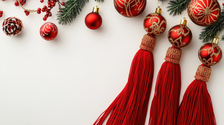 A composition of red silk tassels and festive ornaments, set against a plain light background with space.の素材
