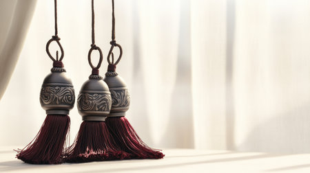 A decorative image of traditional Chinese bells and tassels, arranged on a light surface with ample space.の素材
