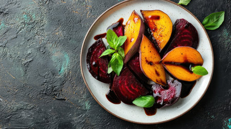 A flat lay of vibrant roasted beet slices on a white plate with a drizzle of balsamic glaze and copy space.の素材
