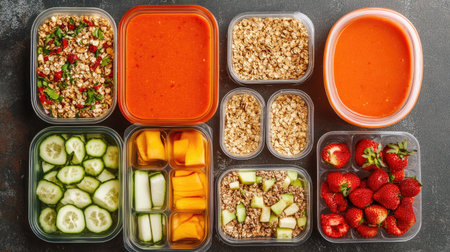 A flat-lay of a fresh smoothie bowl, granola, and fruit salad, neatly packed in eco-friendly containers for delivery.の素材