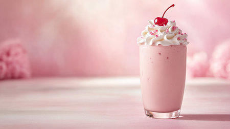 A frosty chocolate milkshake with whipped cream and a cherry on top, set against a pastel background with space.の素材