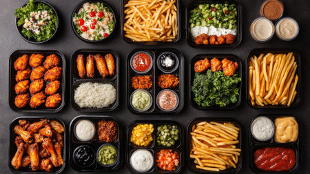 A flat-lay of a variety of food delivery items like hot wings, fries, and dips, arranged in eco-friendly packaging.の素材