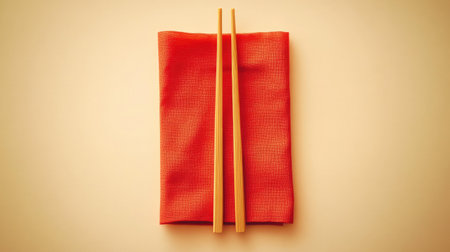 A minimalist shot of a pair of chopsticks resting on a red napkin, placed on a light surface with room for text.の素材