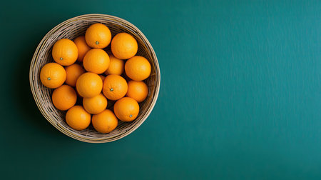 A minimalist shot of oranges in a traditional Chinese basket, symbolizing good fortune, with ample negative space.の素材