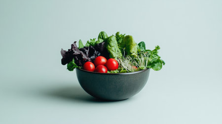 A neatly arranged bowl of mixed greens, cherry tomatoes, and sprouts on a light gray surface with generous empty space.の素材